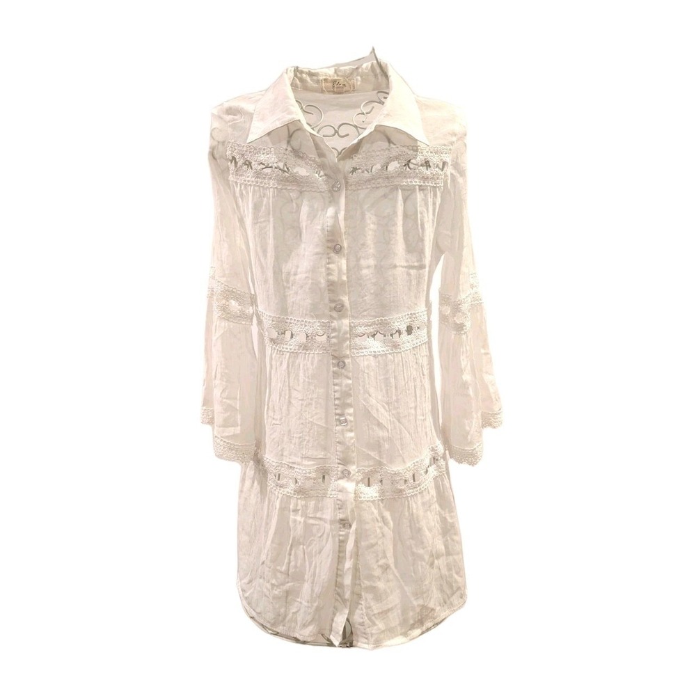 Elan Tunic Dress Cover Up White Crochet Lace Button Down Sz S Boho Bell Sleeve